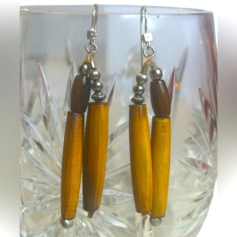 Native American Earrings Hairpipe Horn Bead Dangle Brown Handmade Silver Tone